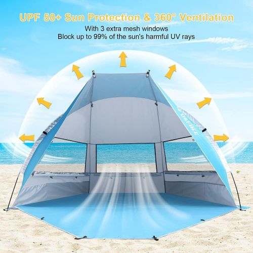  G4Free Portable Beach Tent 2-3 Persons Sun Shade Shelter UPF 50+ Sport Umbrella Canopy with Extendable Floor Foldable Lightweight