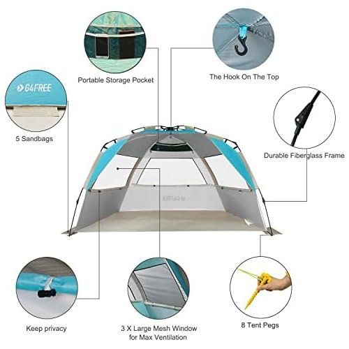  G4Free Easy Set up Beach Tent Deluxe XL, Pop up Sun Shelter for 3-4 Persons with UPF 50+ Protection Beach Shade