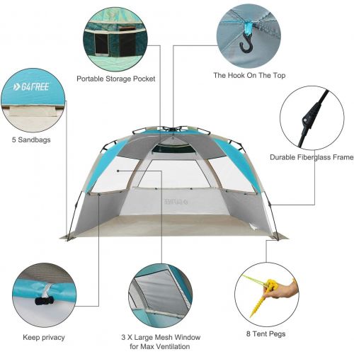  G4Free Easy Set up Beach Tent Deluxe XL, Pop up Sun Shelter for 3-4 Persons with UPF 50+ Protection Beach Shade