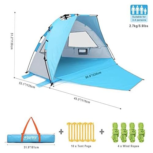  G4Free Easy Set up Beach Tent Deluxe XL, Pop up Sun Shelter for 3-4 Persons with UPF 50+ Protection Beach Shade with Extended Floor