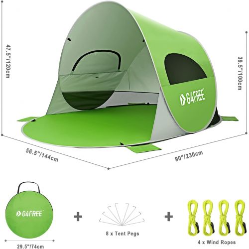  G4Free Beach Tent UPF 50+ Easy Pop Up Sun Shade 3-4 Persons Portable Sport Umbrella Instant Sun Shelter Tent Spacious Baby Canopy