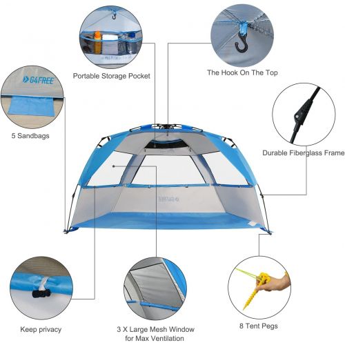  G4Free Easy Set up Beach Tent Deluxe XL, Pop up Sun Shelter for 3-4 Persons with UPF 50+ Protection Beach Shade