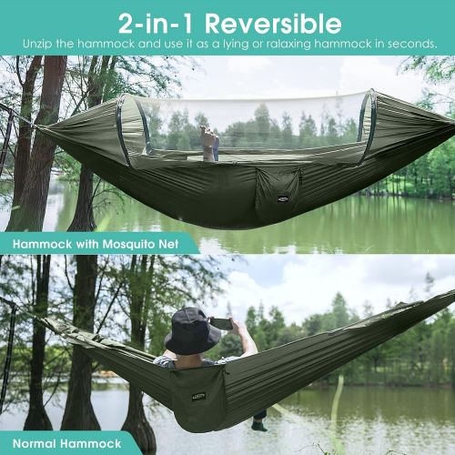  G4Free Large Camping Hammock with Mosquito Net 2 Person Pop-up Parachute Lightweight Hanging Hammocks Tree Straps Swing Hammock Bed for Outdoor Backpacking Backyard Hiking