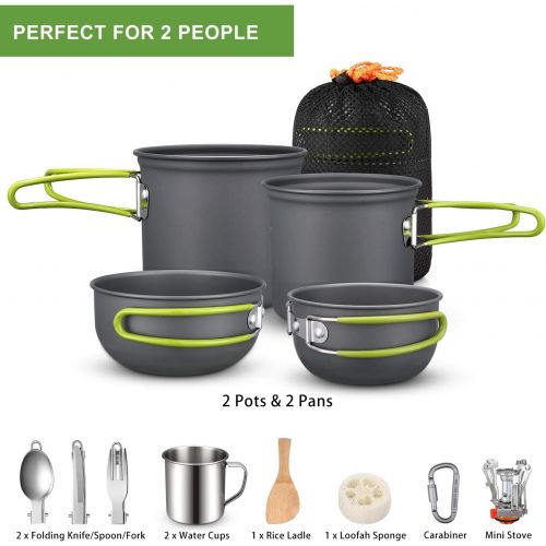  G4Free Camping Cookware Mess Kit 19 Pieces Hiking Backpacking Picnic Cooking Bowl Non Stick Pot Pan Knife Spoon Set 19PCS (Green)