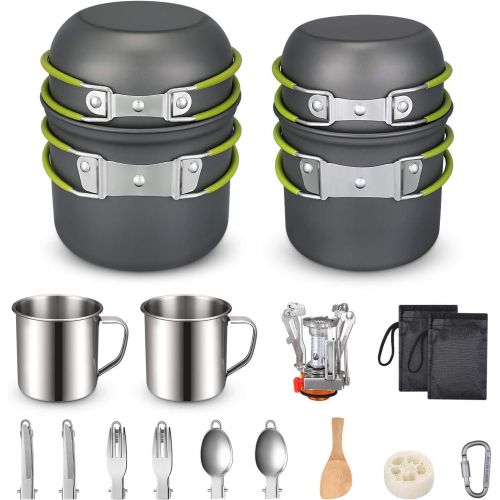  G4Free Camping Cookware Mess Kit 19 Pieces Hiking Backpacking Picnic Cooking Bowl Non Stick Pot Pan Knife Spoon Set 19PCS (Green)