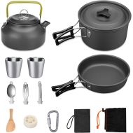 G4Free 13PCS Camping Cookware Mess Kit Campfire Kettle Outdoor Hiking Backpacking Picnic Cooking Pot Pan Bowl, Mini Stove, Stainless Steel Cup, Knife Spoon Set