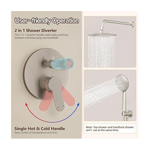  Gabrylly Shower System Brushed Nickel, Slide Bar Shower Faucet Set with High Pressure 10