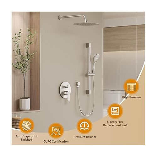  Gabrylly Shower System Brushed Nickel, Slide Bar Shower Faucet Set with High Pressure 10