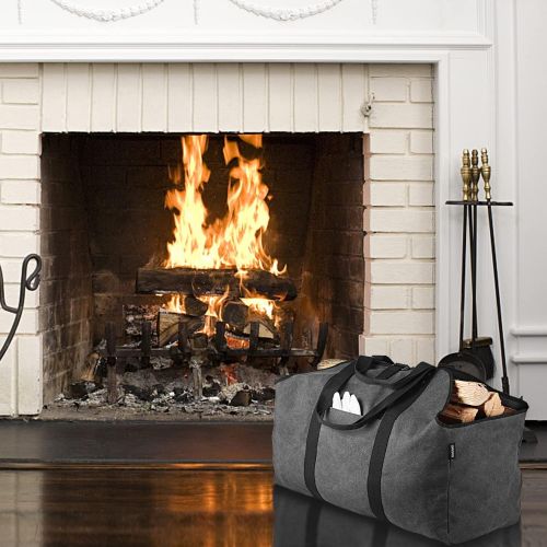  GAGAKU Extra Large Firewood Log Carrier Waterproof Canvas Firewood Holder Wood Carrier Tote Bag Fireplace Stove Storage Bag - Grey