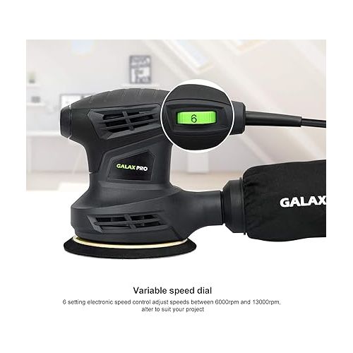  GALAX PRO 280W 13000OPM Max 6 Variable Speeds Orbital Sander with 15Pcs Sanding Discs, 5” electric Sander with Dust Collector for Sanding and Polishing