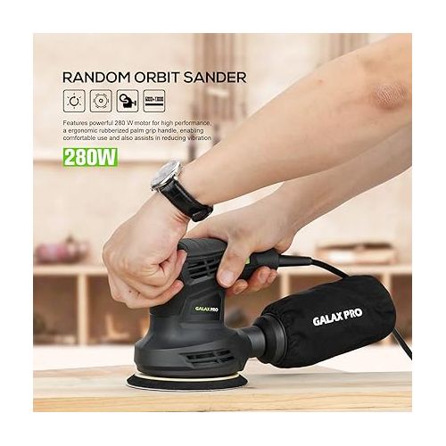  GALAX PRO 280W 13000OPM Max 6 Variable Speeds Orbital Sander with 15Pcs Sanding Discs, 5” electric Sander with Dust Collector for Sanding and Polishing