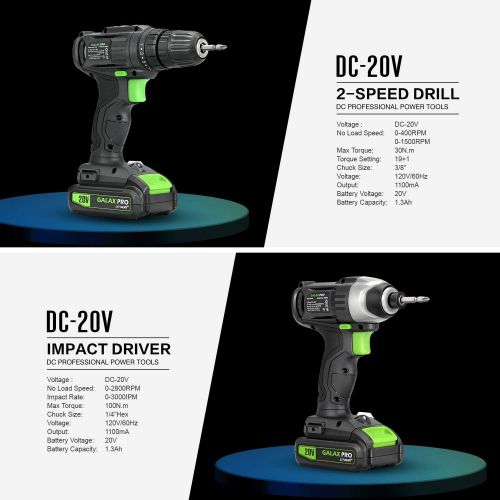  [아마존베스트]20V Max 2 speeds Drill Driver and Impact Driver Combo Kit, GALAX PRO Cordless Drill Driver/Impact Driver with 1pcs 1.3Ah Lithium-Ion Batteries, Charger Kit, 11pcs Accessories and T