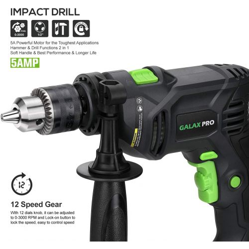  [아마존베스트]GALAX PRO 5Amp 1/2-inch Corded Impact Drill with 105pcs Accessories, Variable Speed 0-3000, Hammer and Drill 2 Functions in 1, 360°Rotating Handle, Depth Gauge, Carrying Case Inclu