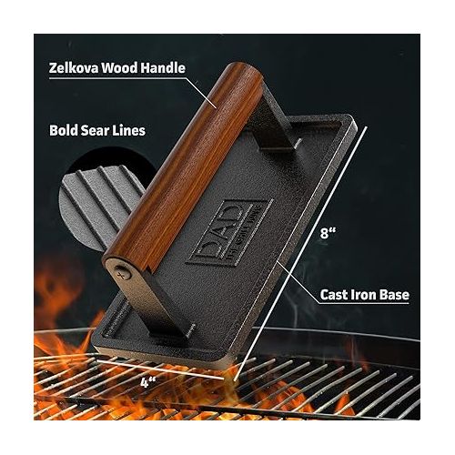  Soho Grilling Gift for Dad, BBQ Cast Iron Grill Press for Smash Burger, Hamburger, Meat, Bacon (2.6 lbs) Cooking Weight for Fathers Day/Christmas/Birthday “Dad The Grill King” (Gift Boxed)