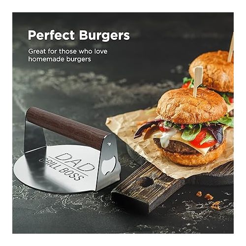  GALVANOX BBQ Press Grilling Gift for DAD The Grill Boss - Stainless Steel Smash Burger Press for Hamburger/Bacon with Wood Handle & Beer Opener (for Christmas, Birthday, Fathers Day)