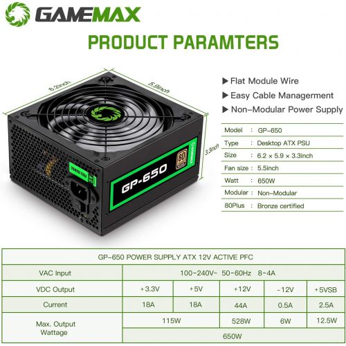  Power Supply 650W 80+ Bronze,Non- Modular, GAMEMAX GP-650