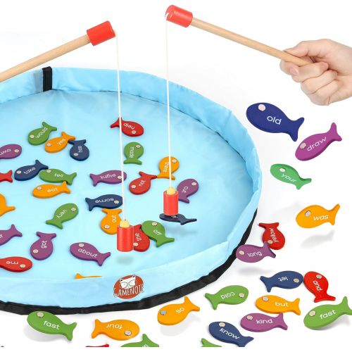  Gamenote Sight Words Wooden Magnetic Fishing Game - 220 Dolch Word with 2 Magnet Poles for Kindergarten Preschool Children (Activity Guide Include)