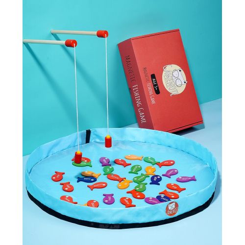  Gamenote Sight Words Wooden Magnetic Fishing Game - 220 Dolch Word with 2 Magnet Poles for Kindergarten Preschool Children (Activity Guide Include)