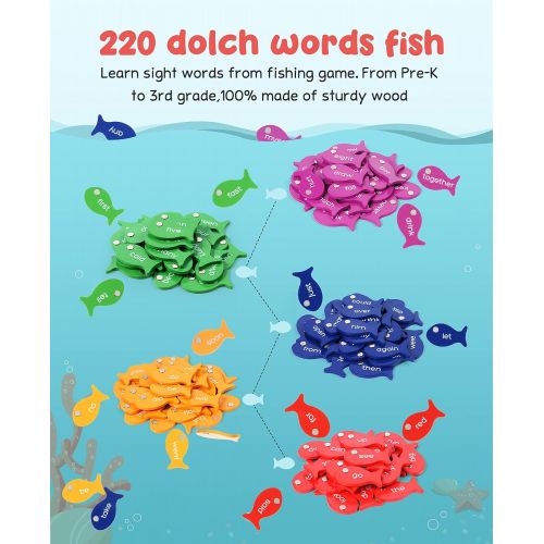  Gamenote Sight Words Wooden Magnetic Fishing Game - 220 Dolch Word with 2 Magnet Poles for Kindergarten Preschool Children (Activity Guide Include)