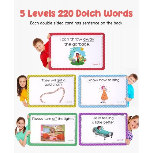  [아마존베스트]Gamenote Sight Words Flash Cards with Pictures & Sentences - 220 Dolch Big Word Reading Flash Card from Pre K to 3rd Grade (Include 5 Rings)