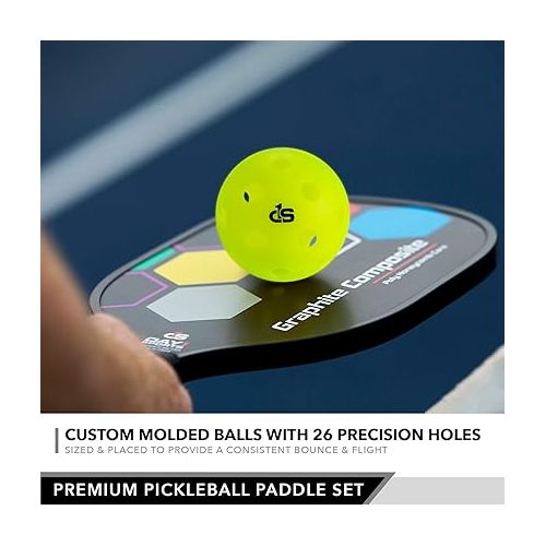  Premium Pickleball Set - 2 Paddle Set with Mesh Carry Bag, 4 Balls by Day 1 Sports - Durable Pickle Ball Paddles with Cushion Comfort Grip and Accessories - Graphite-Face Racquets, Pickleballs