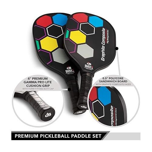  Premium Pickleball Set - 2 Paddle Set with Mesh Carry Bag, 4 Balls by Day 1 Sports - Durable Pickle Ball Paddles with Cushion Comfort Grip and Accessories - Graphite-Face Racquets, Pickleballs