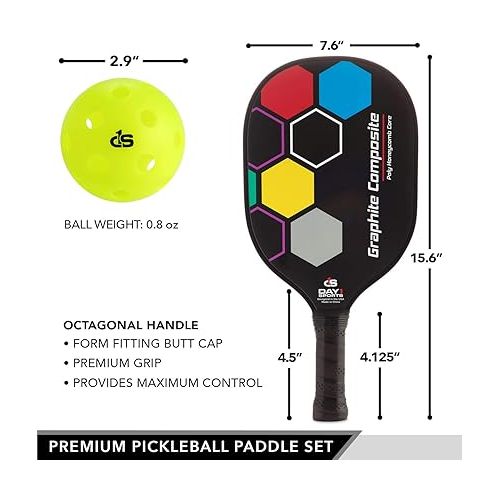  Premium Pickleball Set - 2 Paddle Set with Mesh Carry Bag, 4 Balls by Day 1 Sports - Durable Pickle Ball Paddles with Cushion Comfort Grip and Accessories - Graphite-Face Racquets, Pickleballs
