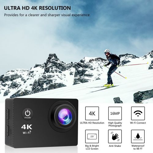  GANJOY 4K Action Camera, 16MP WiFi Ultra HD Underwater Waterproof 30M Sports Camcorder with 170° Degree Wide Angle Lens, 2 Rechargeable Batteries and Mounting Accessories Kits 8-20-4KFX00