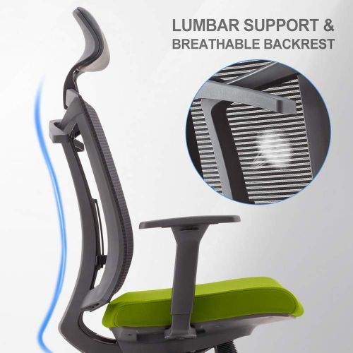  GAOAG 2019 New Mesh Office Chair with Hanger Ergonomic High Back Comfortable Lumbar Support Desk Chair Armrest Headrest Cushion Adjustable Black Green