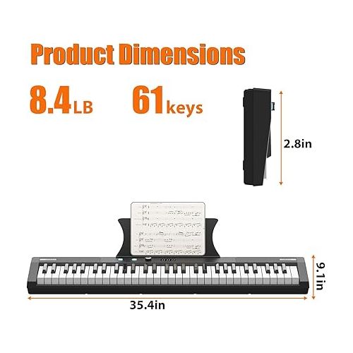  61 Key Keyboard Piano, Protable Electric Semi-Weighted Piano Keyboard for Beginner/Professional, With Power Supply, Built In Speakers, Pedal, Perfect for Birthday or Christmas(without stand)