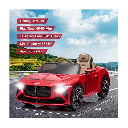  12V Ride on Car, GAOMON Licensed Bentley Bacalar Kids Electric Car w/Parent Remote Control, 3 Speeds, Scissor Doors, Music, LED, Kids Cars to Drive Battery Powered Wheels Gift for Boys Girls (Red)