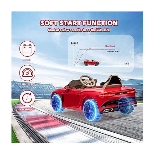  12V Ride on Car, GAOMON Licensed Bentley Bacalar Kids Electric Car w/Parent Remote Control, 3 Speeds, Scissor Doors, Music, LED, Kids Cars to Drive Battery Powered Wheels Gift for Boys Girls (Red)