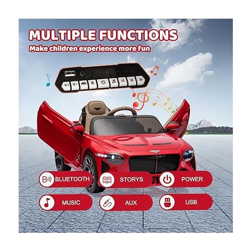  12V Ride on Car, GAOMON Licensed Bentley Bacalar Kids Electric Car w/Parent Remote Control, 3 Speeds, Scissor Doors, Music, LED, Kids Cars to Drive Battery Powered Wheels Gift for Boys Girls (Red)