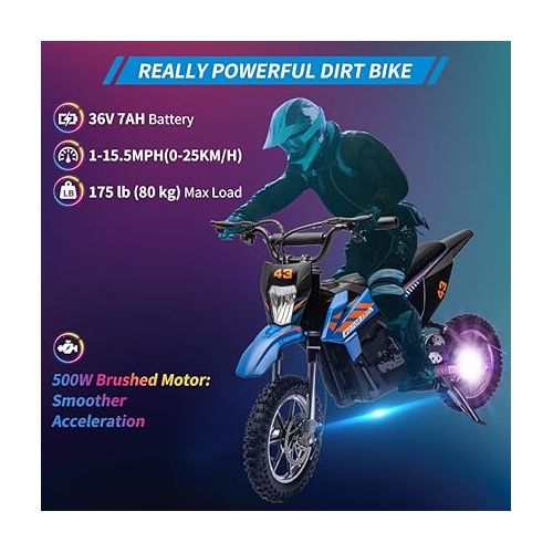  36V Kids Ride on Dirt Bike, Ride on Motorcycle 500W Brushed Motor Variable High Speed to 15.5MPH with LED Headlight, Leather Seat,Chain-Driven for Teens Max Load 175lbs,Blue