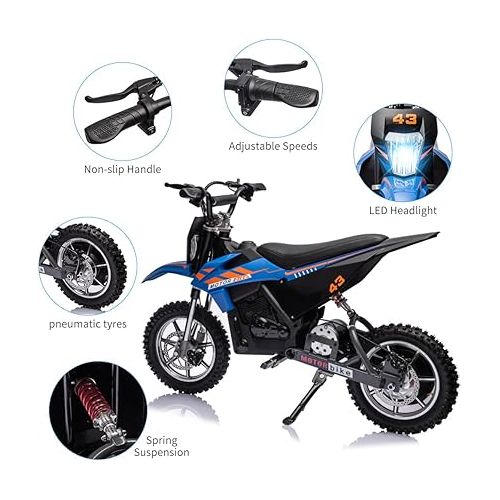  36V Kids Ride on Dirt Bike, Ride on Motorcycle 500W Brushed Motor Variable High Speed to 15.5MPH with LED Headlight, Leather Seat,Chain-Driven for Teens Max Load 175lbs,Blue
