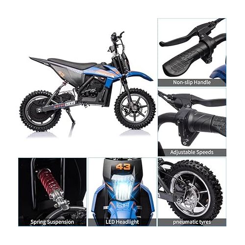  36V Kids Ride on Dirt Bike, Ride on Motorcycle 500W Brushed Motor Variable High Speed to 15.5MPH with LED Headlight, Leather Seat,Chain-Driven for Teens Max Load 175lbs,Blue