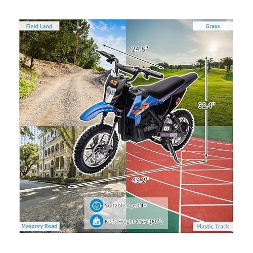  36V Kids Ride on Dirt Bike, Ride on Motorcycle 500W Brushed Motor Variable High Speed to 15.5MPH with LED Headlight, Leather Seat,Chain-Driven for Teens Max Load 175lbs,Blue