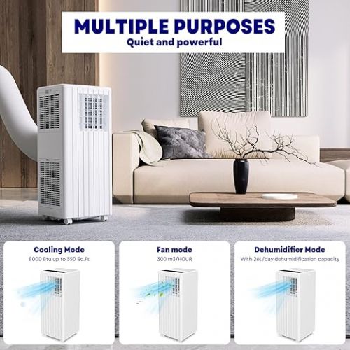  Portable Air Conditioners 8000BTU with Remote Control, Cools up to 250 Sq.ft, 3-in-1 Mini Standing AC Unit Cooling, Dehumidification, Fan, with Digital Display, Fast Cooling, Indoor Use, White