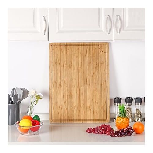  24 x 18 Bamboo Cutting Board, Large Kitchen Chopping Board for Meat, Butcher Block Cutting Board, Carving Board with Handle and Juice Groove for Turkey, Meat, Vegetables, BBQ