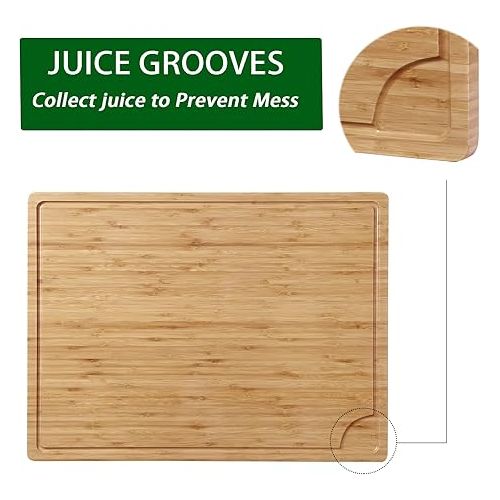  24 x 18 Bamboo Cutting Board, Large Kitchen Chopping Board for Meat, Butcher Block Cutting Board, Carving Board with Handle and Juice Groove for Turkey, Meat, Vegetables, BBQ