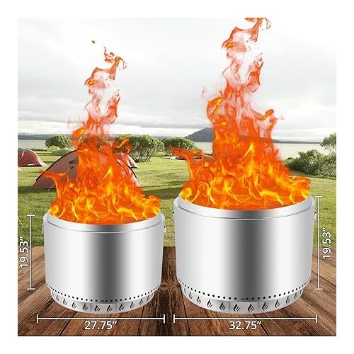  27in Smokeless Fire Pit, Outdoor Wood Burning Firepit with Removable Ash Pan & Handle, Portable Stainless Steel Stove for Camping, Backyard, Bonfire, and Picnics