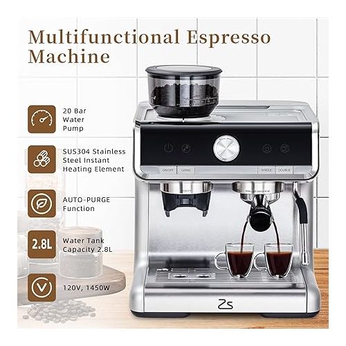  GAOMON Espresso Machine, 20 Bar Professional Coffee Maker with Grinder and Milk Frother Steam Wand, 2.8L Water Tank for Latte, Cappuccino, 1450W