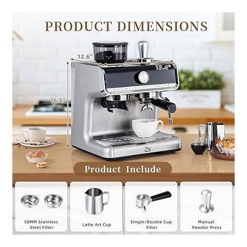  GAOMON Espresso Machine, 20 Bar Professional Coffee Maker with Grinder and Milk Frother Steam Wand, 2.8L Water Tank for Latte, Cappuccino, 1450W