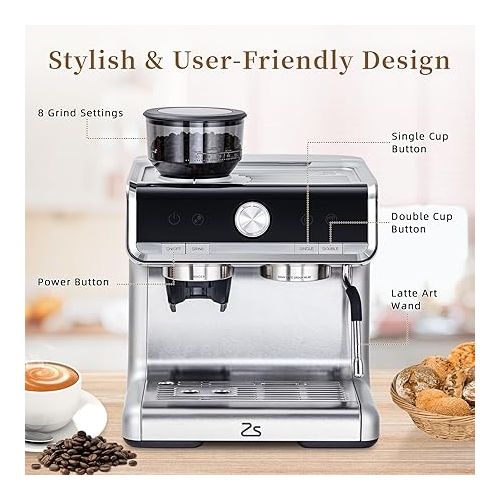  GAOMON Espresso Machine, 20 Bar Professional Coffee Maker with Grinder and Milk Frother Steam Wand, 2.8L Water Tank for Latte, Cappuccino, 1450W