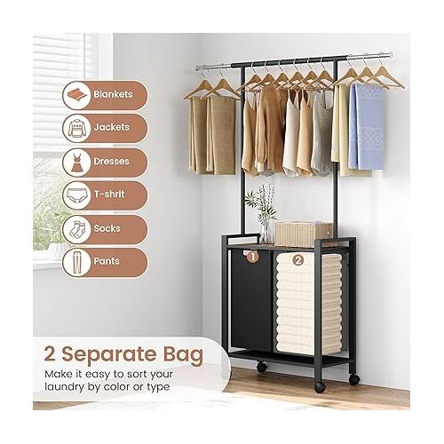  GAOMON Laundry Sorter, Laundry Hamper 2 Section with Hanging Rack, Rolling Laundry Cart on Wheels, Pull-Out and Removable Laundry Basket with Shelf, Rustic Brown and Black