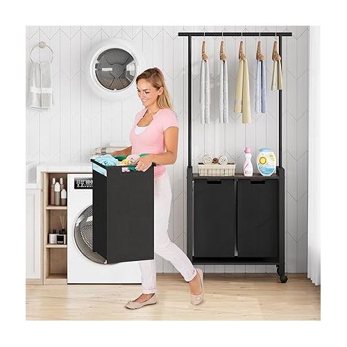  GAOMON Laundry Sorter, Laundry Hamper 2 Section with Hanging Rack, Rolling Laundry Cart on Wheels, Pull-Out and Removable Laundry Basket with Shelf, Rustic Brown and Black