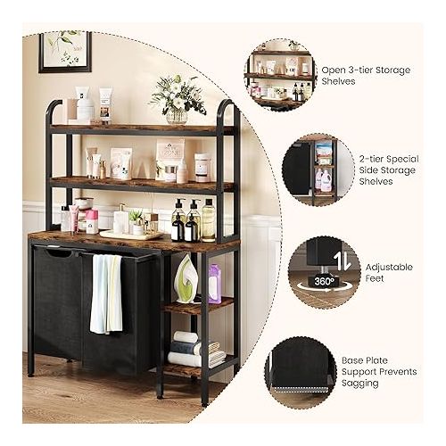  GAOMON Laundry Basket,Laundry Hamper 2 Section with Side Shelves,3 Tiers Laundry Sorter with 2 Pull-Out and Removable Laundry Bags,Black & Rustic Brown