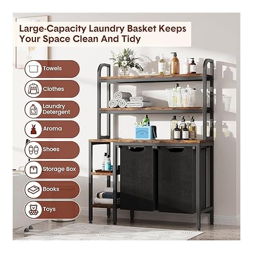  GAOMON Laundry Basket,Laundry Hamper 2 Section with Side Shelves,3 Tiers Laundry Sorter with 2 Pull-Out and Removable Laundry Bags,Black & Rustic Brown