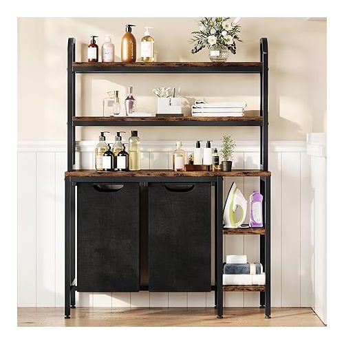  GAOMON Laundry Basket,Laundry Hamper 2 Section with Side Shelves,3 Tiers Laundry Sorter with 2 Pull-Out and Removable Laundry Bags,Black & Rustic Brown