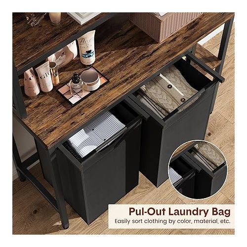  GAOMON Laundry Basket,Laundry Hamper 2 Section with Side Shelves,3 Tiers Laundry Sorter with 2 Pull-Out and Removable Laundry Bags,Black & Rustic Brown